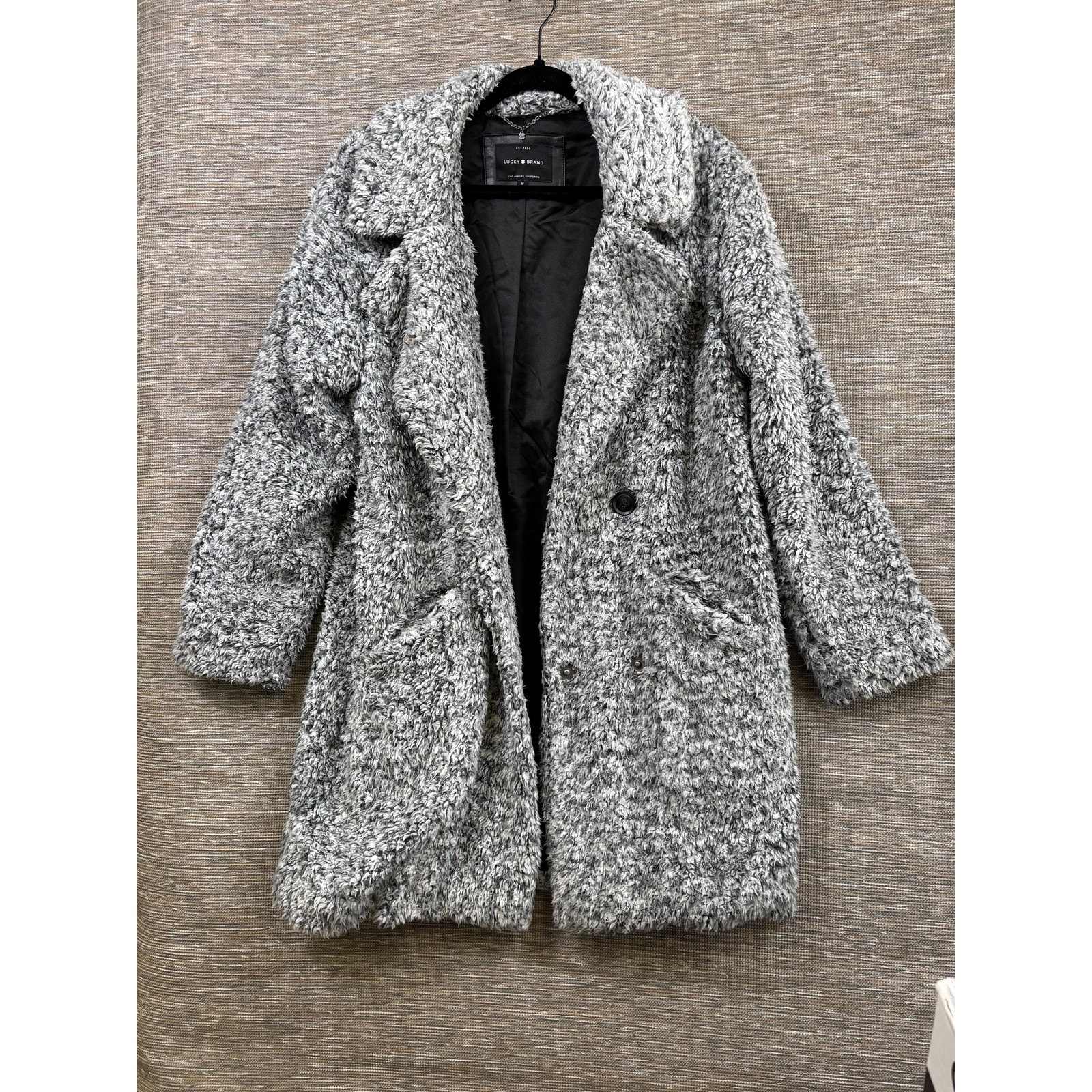 Lucky Brand Coat Womens Medium Gray Faux Fur Mid Length Button Lined Pockets